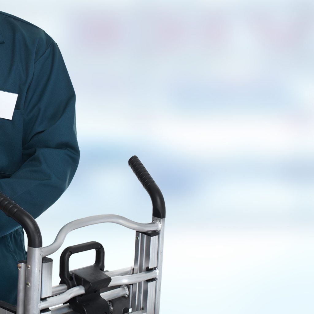 Delivery postman with a box over blue background.